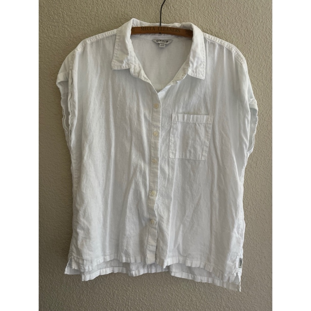 Orvis White Linen Blend Short Sleeve Button Down Women’s Size Large